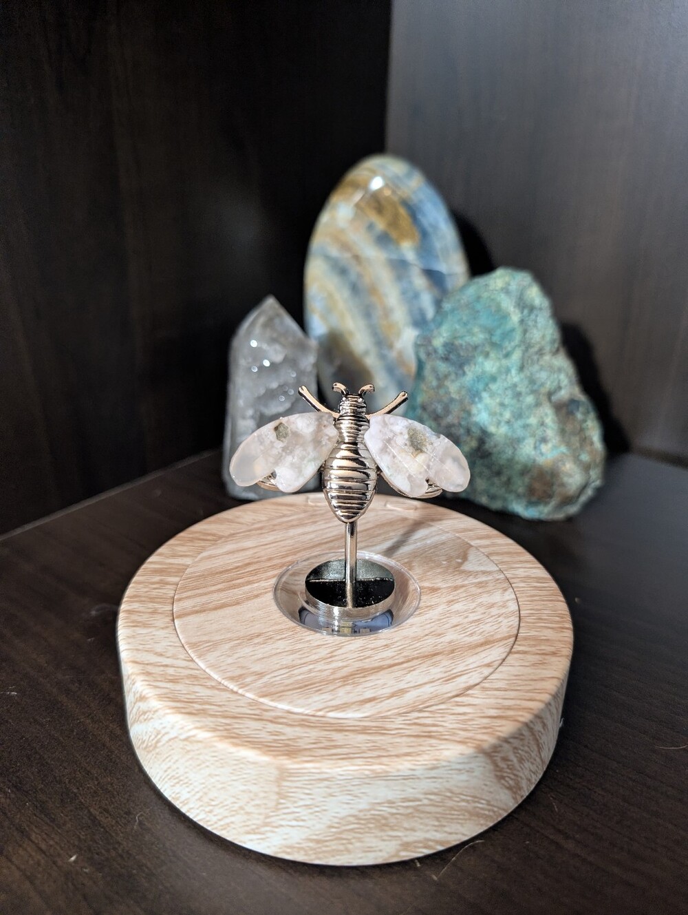 Garden Quartz Crystal Bee Carving on Silver Stand